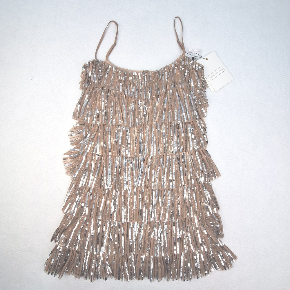 Mac Duggal Mini Dress Womens 2‎ Nude Silver Beaded Strap Sequin Ruffle Tiered
